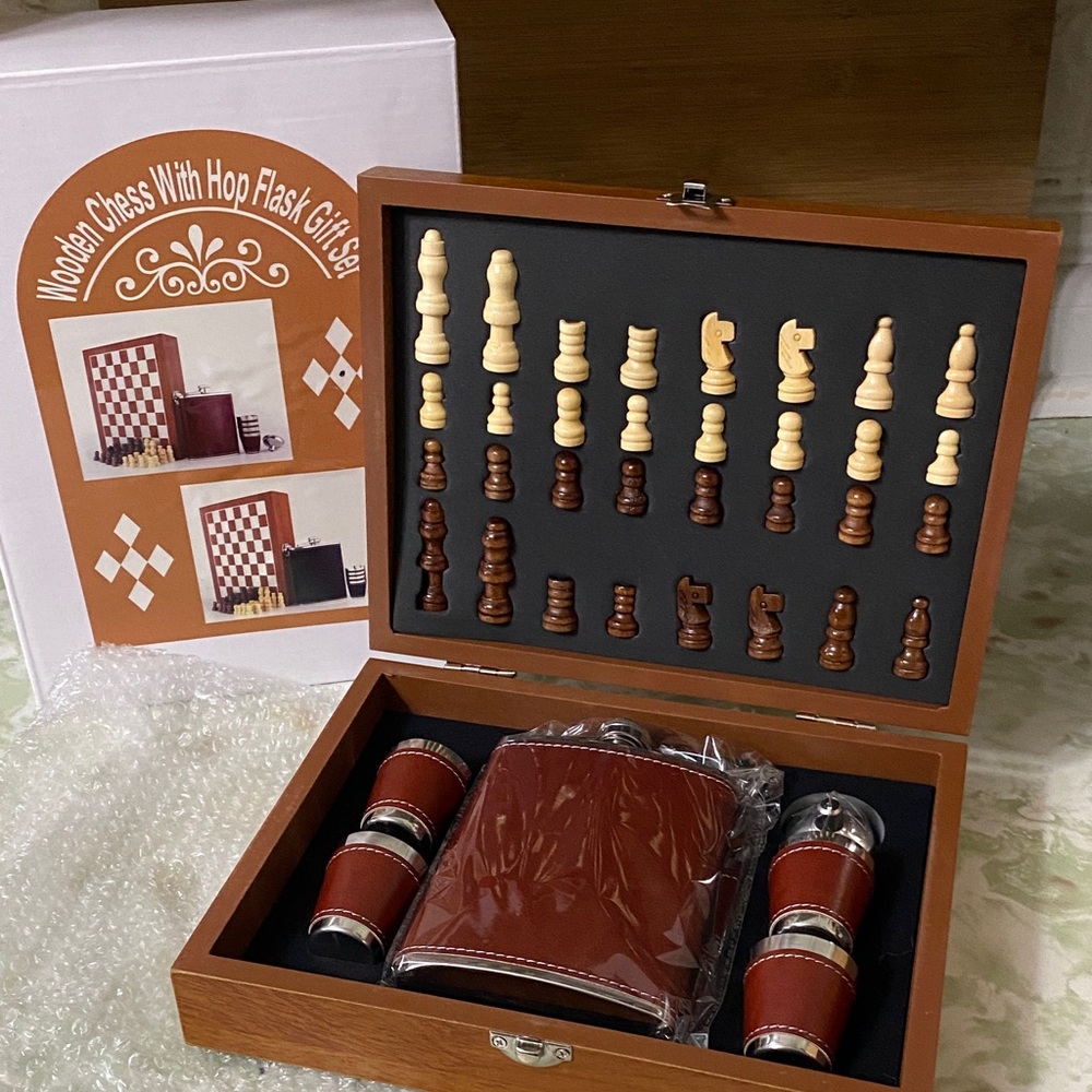 Wooden Chess Set with Flask Gift Set - Brown